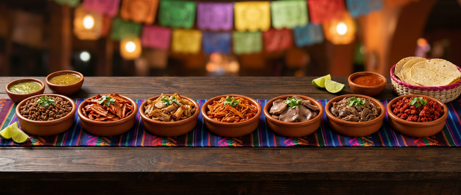Bar à viandes mexicaines — bols de bœuf, porc et poulet avec tortillas, salsas et lime