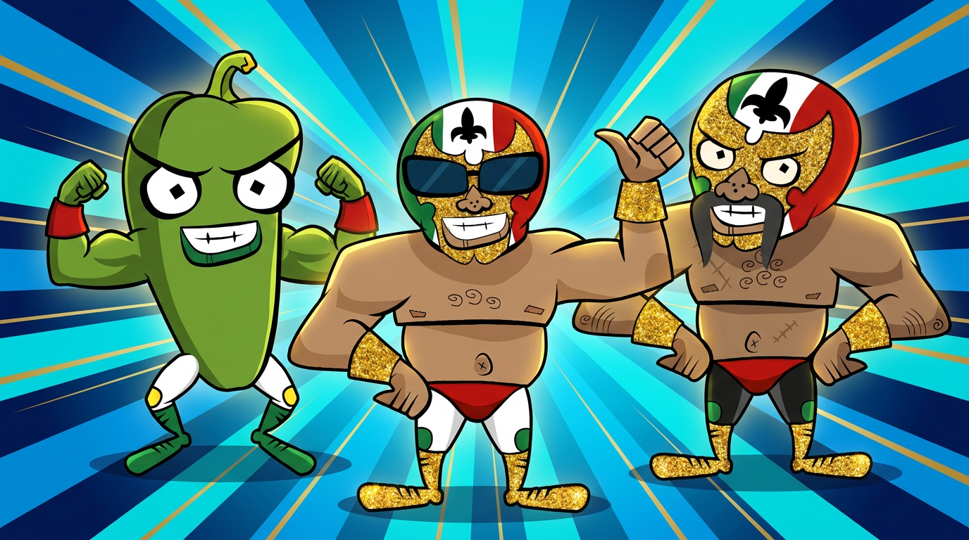 Les trois mascottes IMPAC ¡TACO! — deux lutteurs masqués aux couleurs du Mexique et un piment jalapeño — devant un fond de rayons cyan et or
